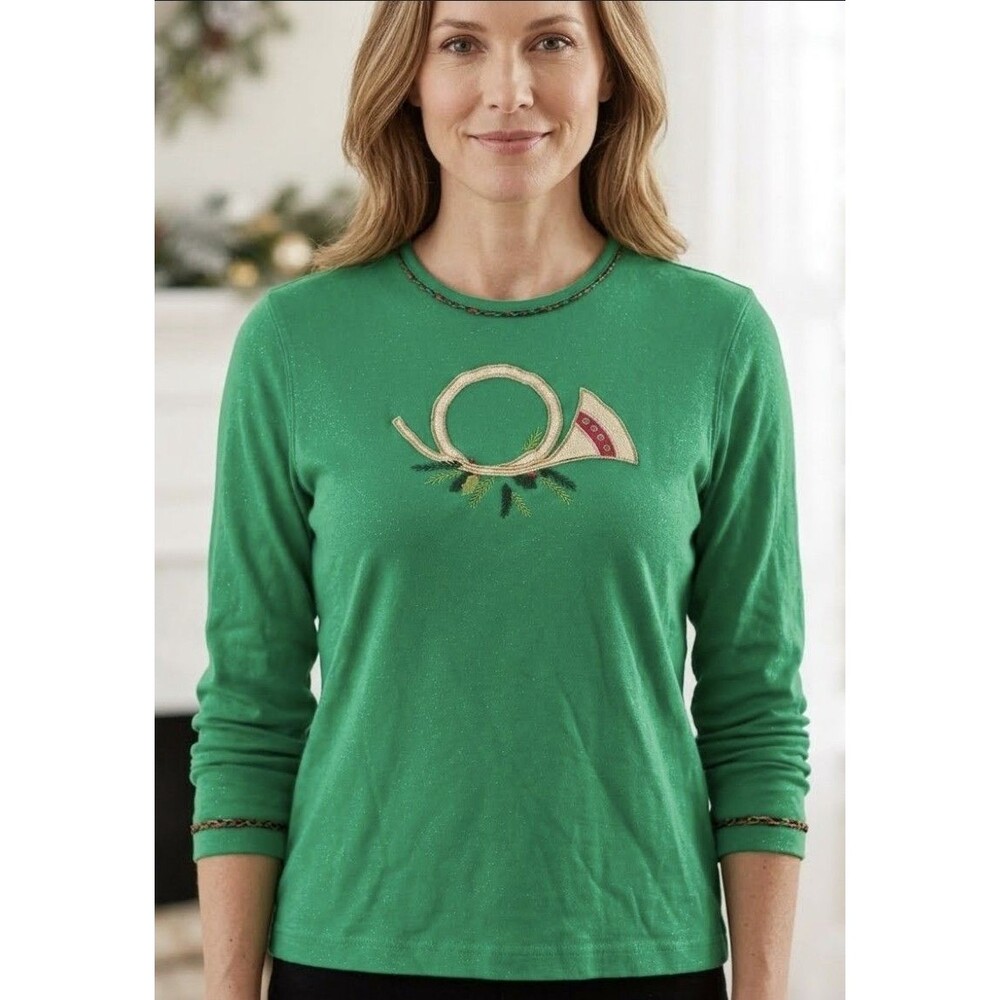 BARCLAY Square Christmas Shirt Women Size Small Green Embroidered Long Sleeve